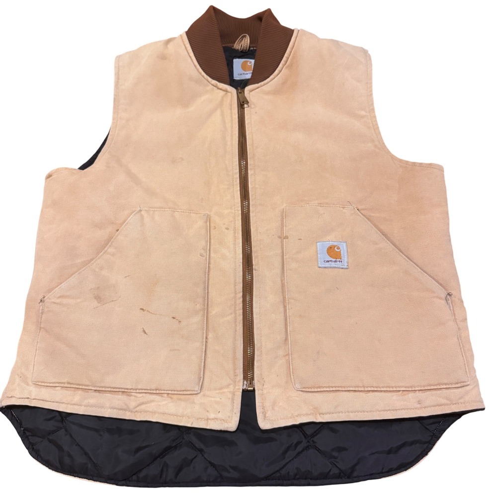 VINTAGE Carhartt Men Vest Tan Duck Canvas Workwear V01 Distressed Quilt Lined